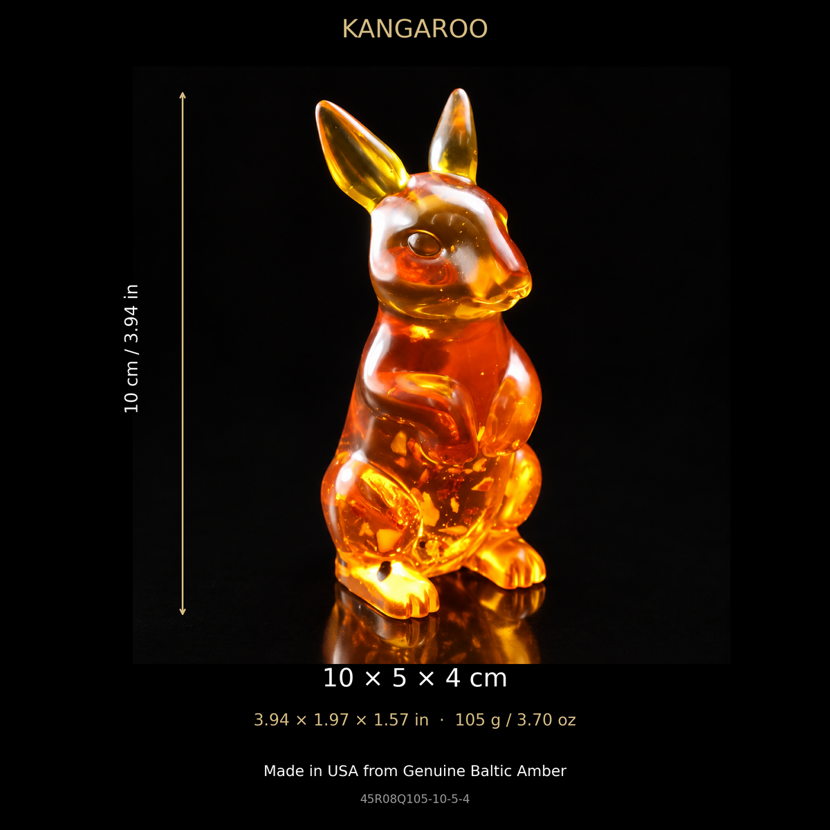 Size and weight guide for the KIZIMA® Baltic amber kangaroo figurine, 10 x 5 x 4 cm and 105 g, Made in USA