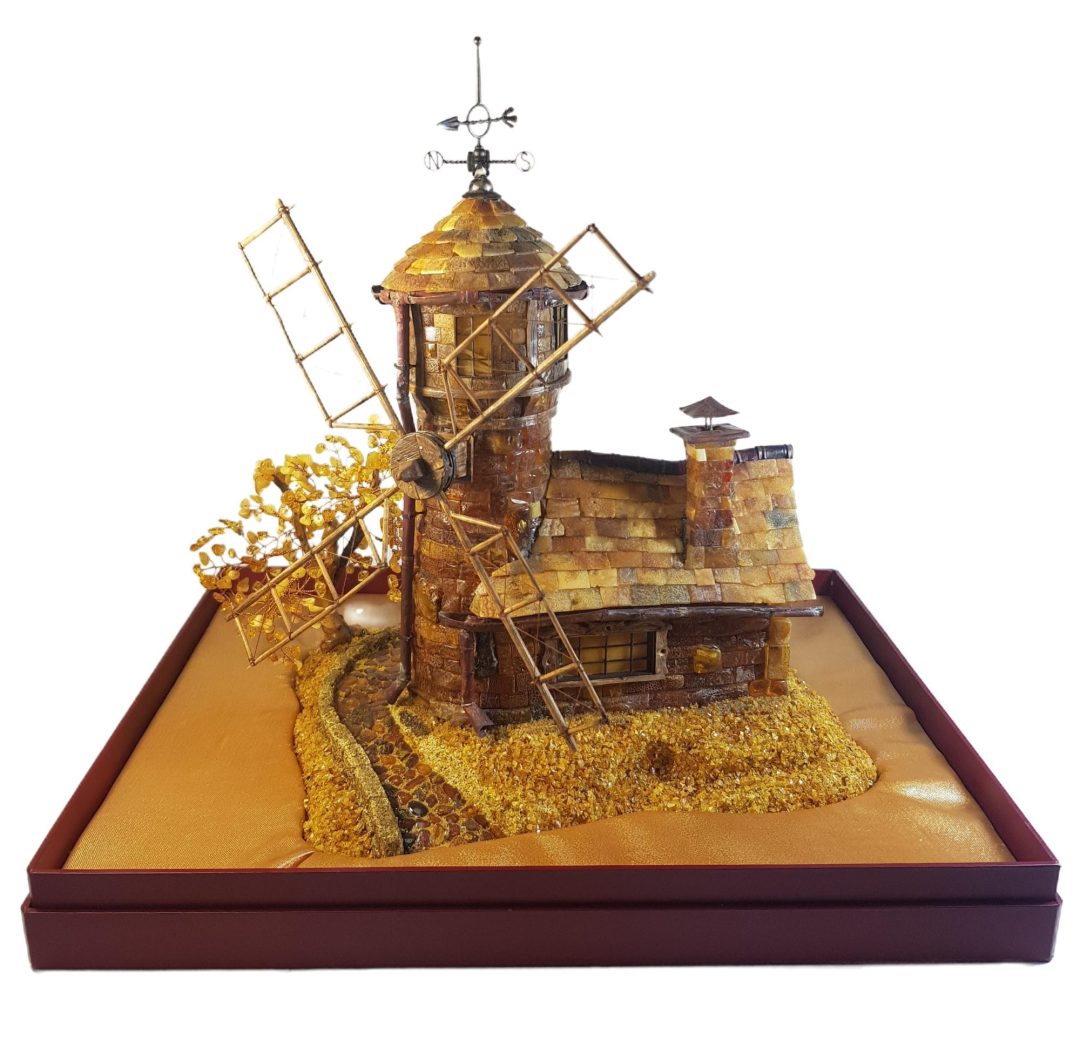 KIZIMA® Baltic Amber Königsberg Mill Statue in Luxury Gift Box — Handmade in New York USA — Premium Corporate Gift for Executives, Rare Amber Collectible, Museum Quality Sculpture