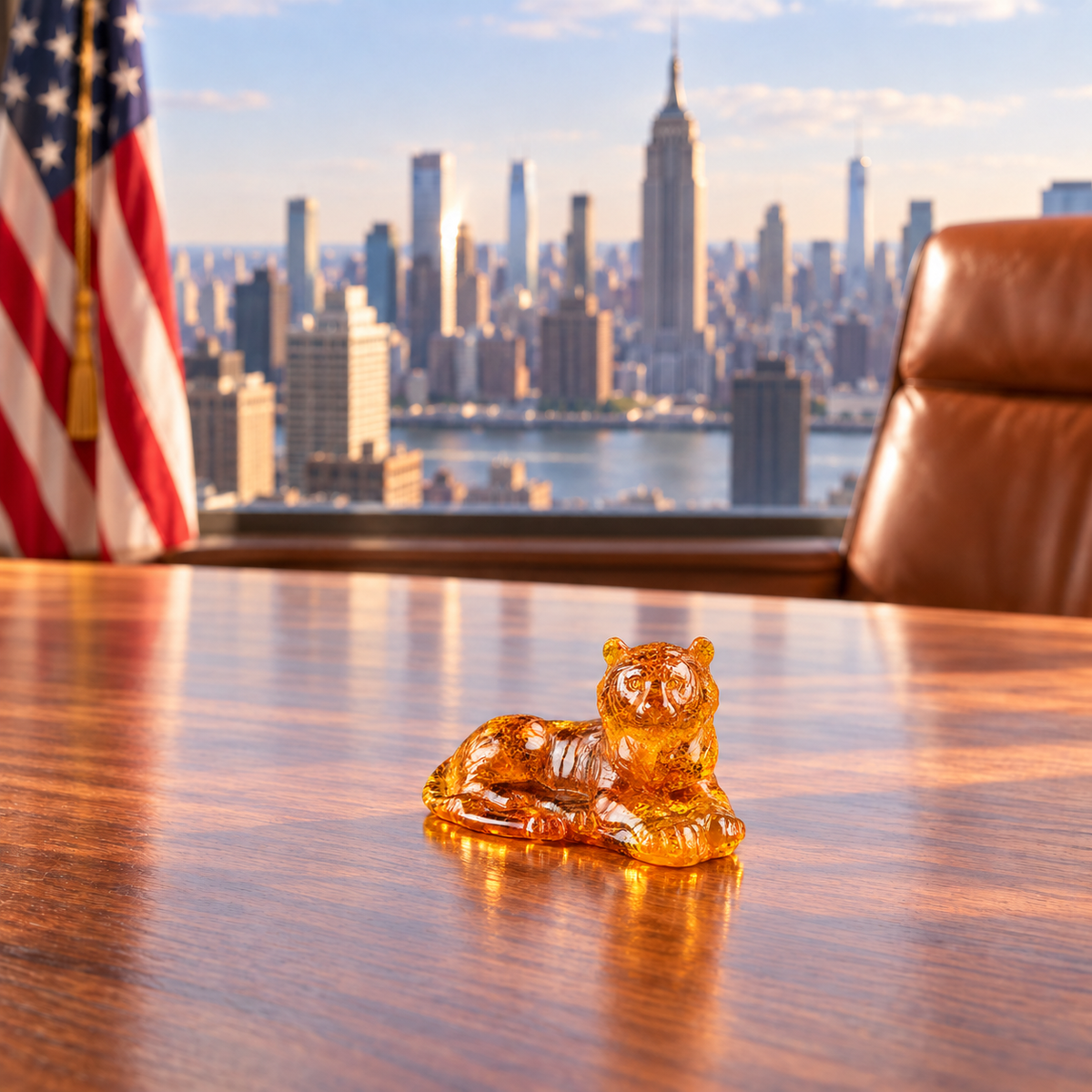 KIZIMA reclining Baltic amber tiger figurine on a polished wooden office desk with a New York skyline and American flag.