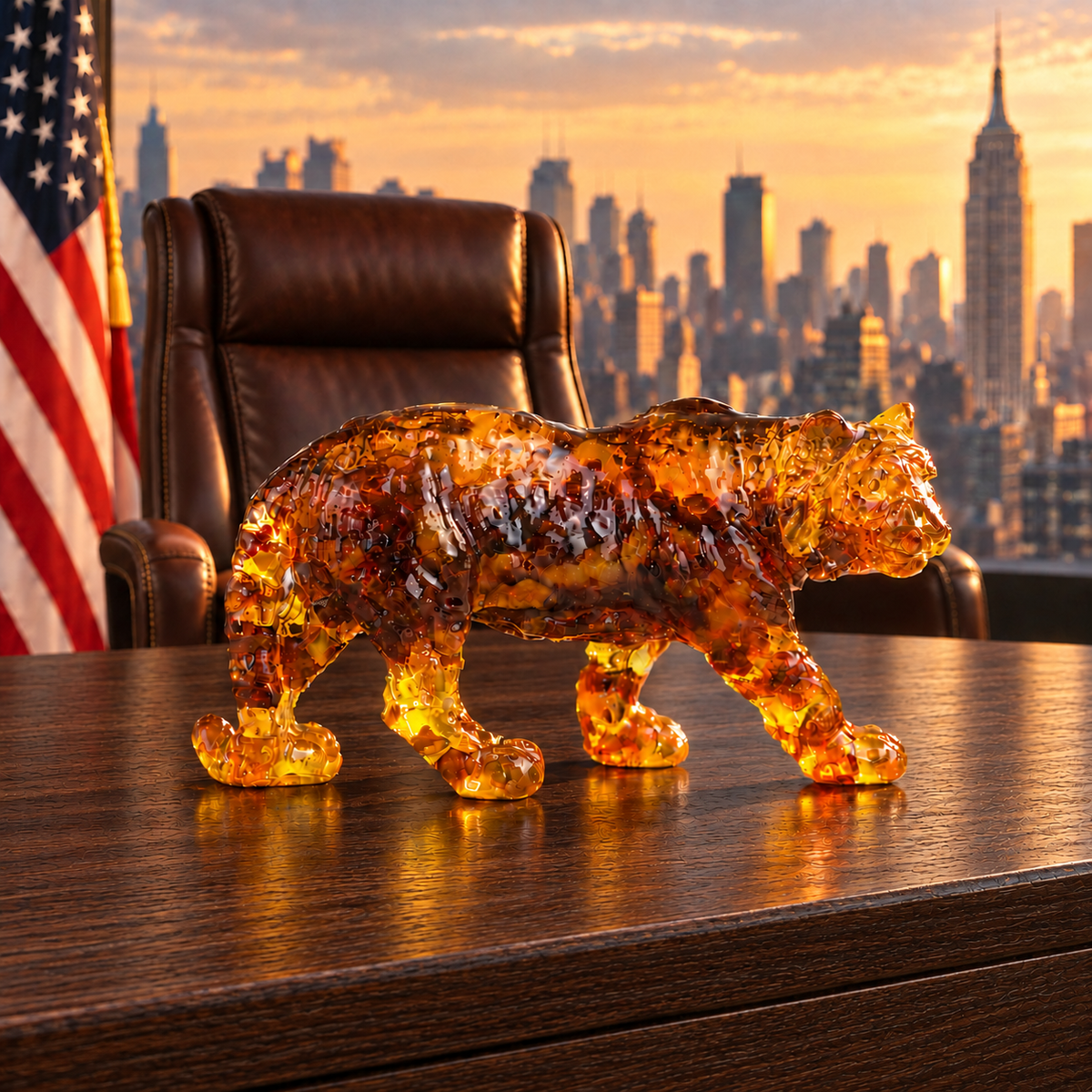 KIZIMA Baltic amber tiger on an oak desk, with a leather executive chair, American flag and panoramic Manhattan view.