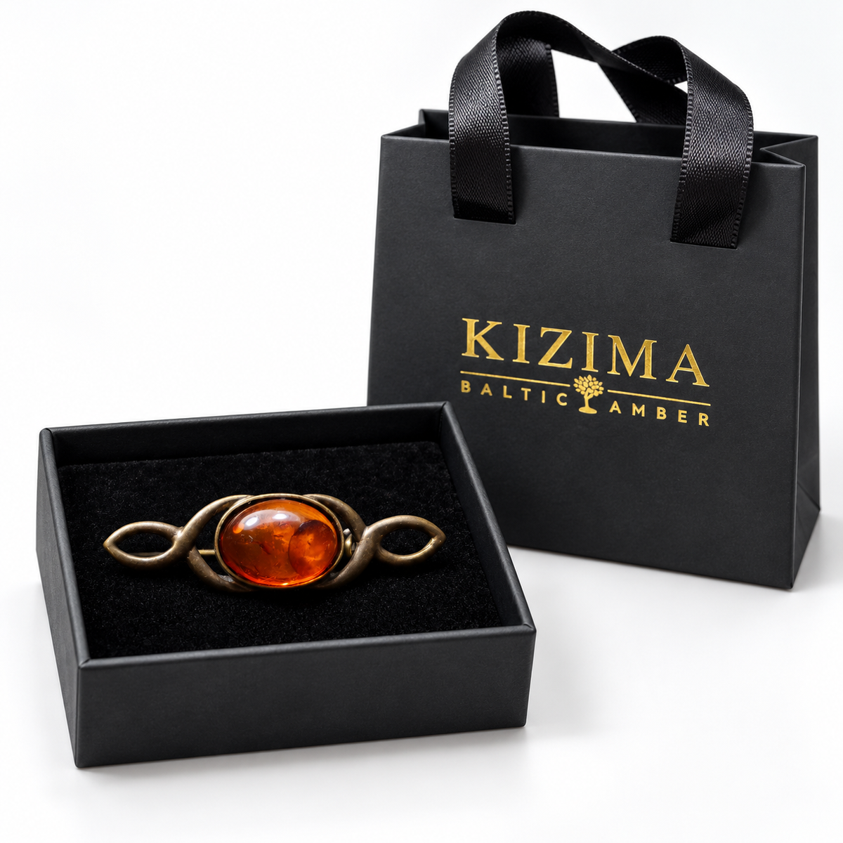 KIZIMA Baltic amber infinity bar brooch 20-903Q3-4-2-1 — in black velvet KIZIMA gift box with branded bag