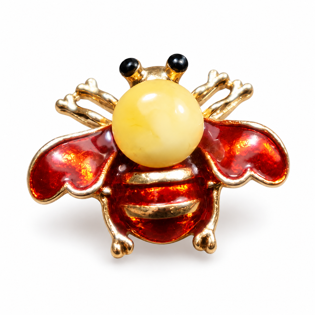 KIZIMA red enamel and opaque pale-yellow Baltic amber bee brooch 20-305Q5-3-3-2 on a white studio background.