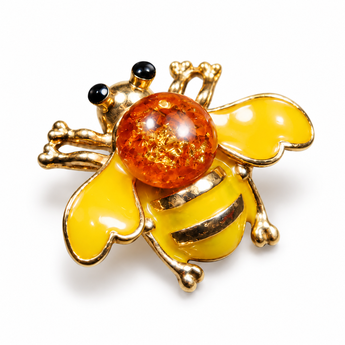 KIZIMA yellow enamel and cognac Baltic amber bee brooch 20-306Q5-3-3-2 on a white studio background.