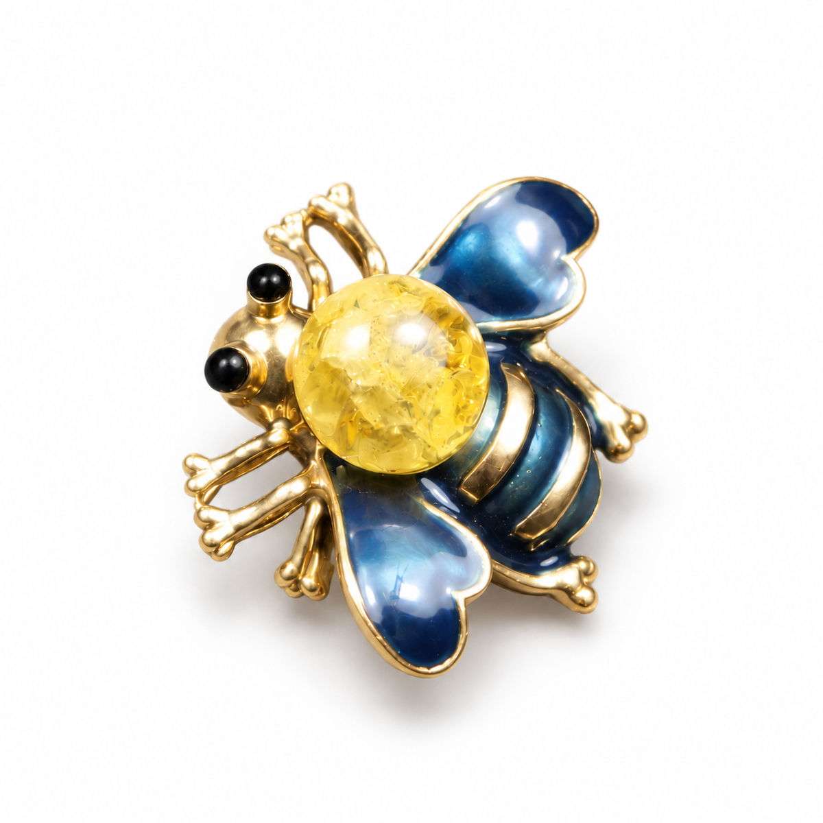 KIZIMA blue enamel and lemon Baltic amber bee brooch 20-308Q5-3-3-2 on a white studio background.