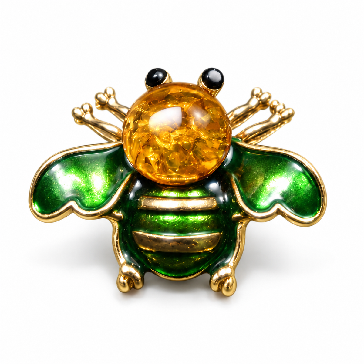 KIZIMA green enamel and golden Baltic amber bee brooch 20-310Q5-3-3-2 on a white studio background.