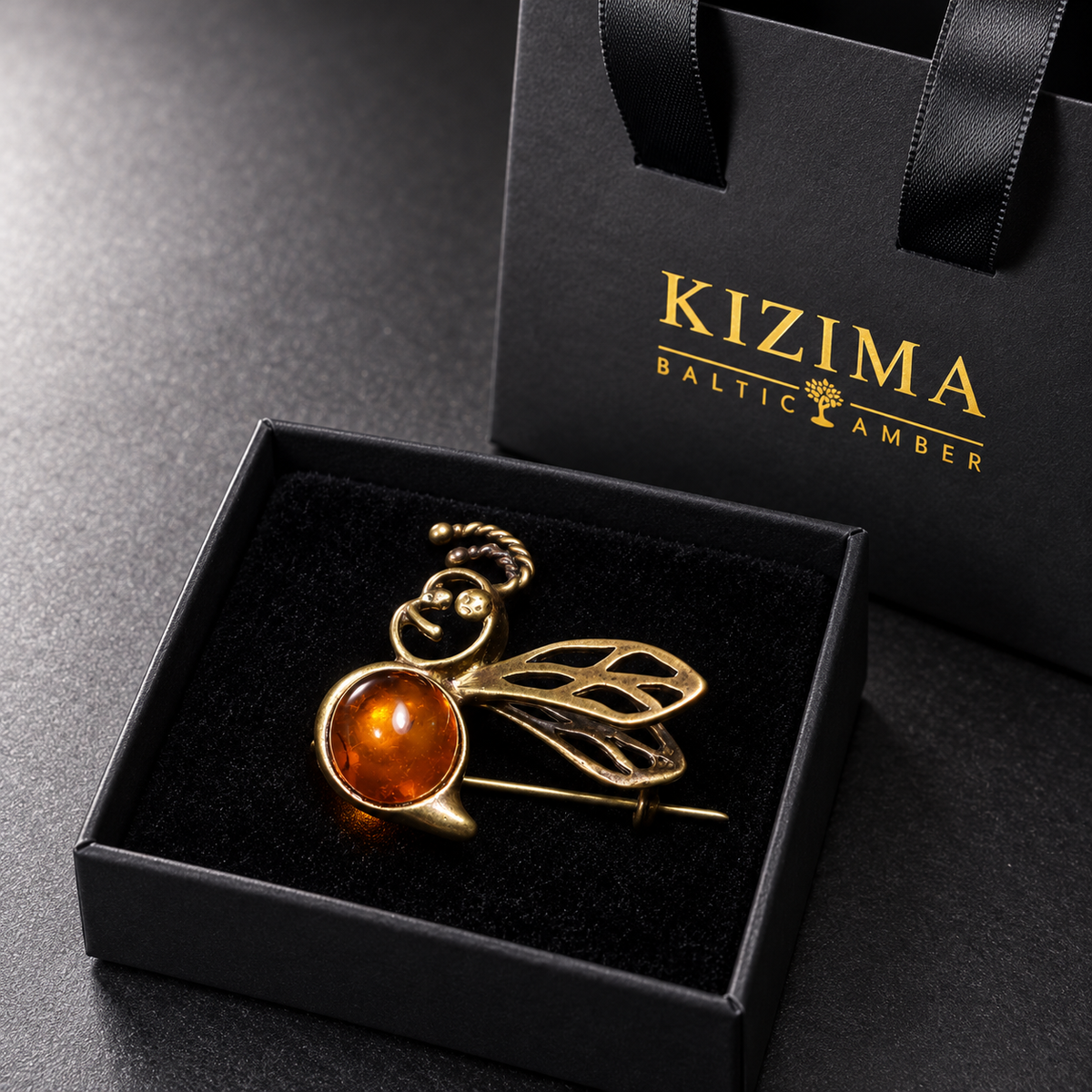 KIZIMA Baltic amber bee brooch 20-313Q4-3-3-1, black velvet gift box with KIZIMA Baltic Amber bag