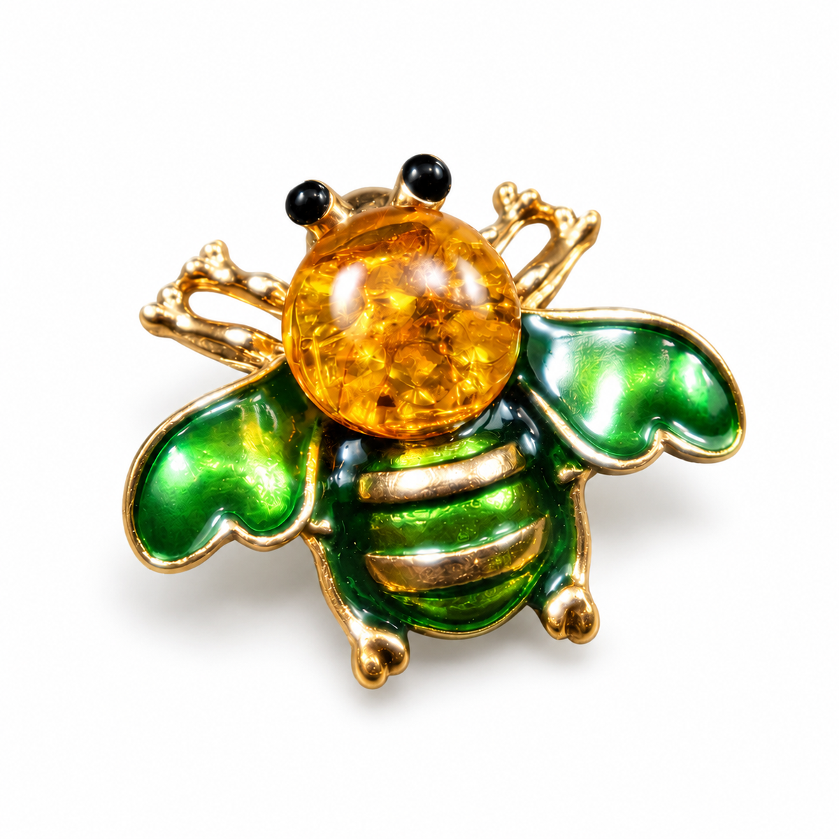 KIZIMA green enamel bee brooch 20N0120-40 with round Baltic amber on a white studio background.