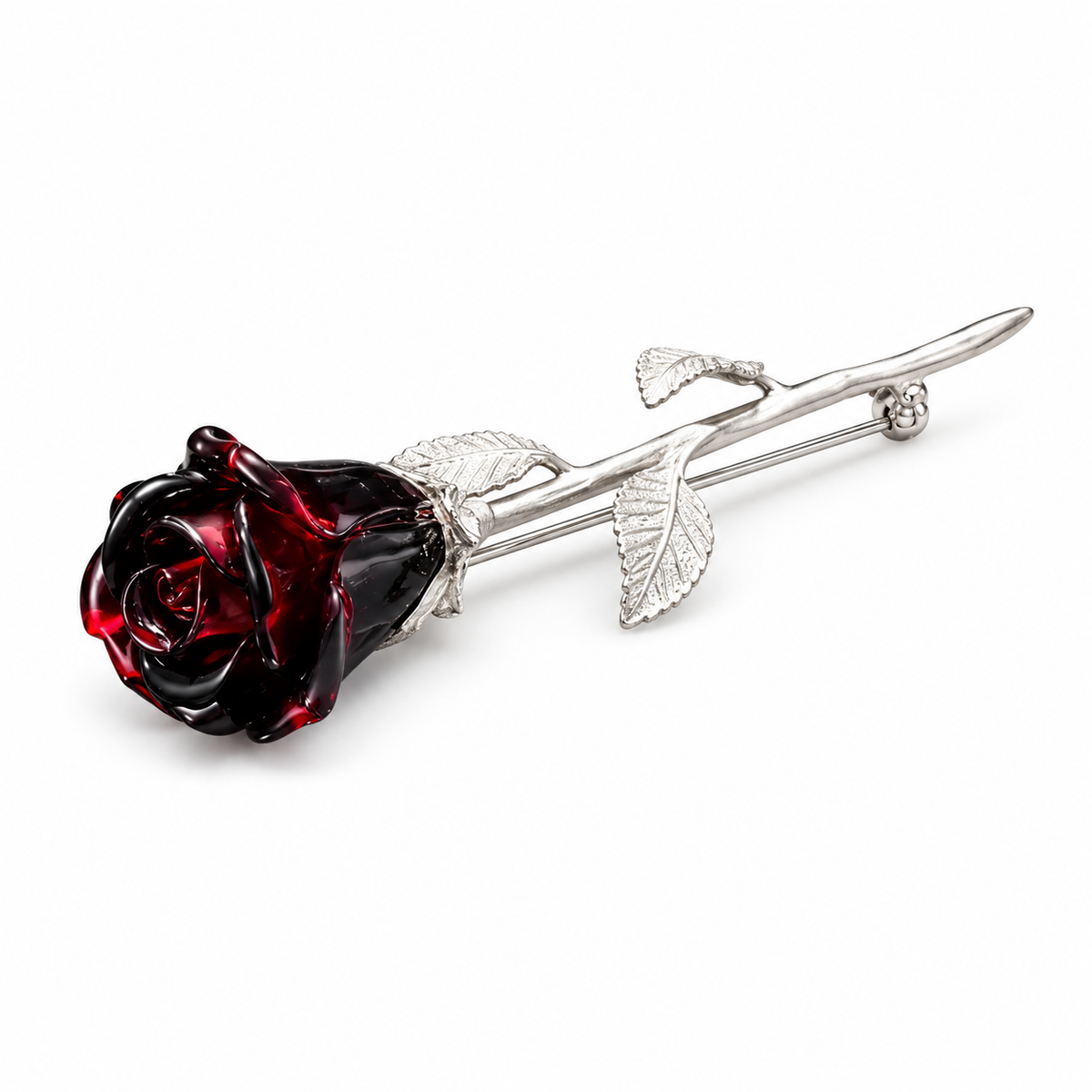 KIZIMA near-black burgundy Baltic amber rose brooch with silver-tone stem and three leaves on white studio background.