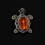 KIZIMA Baltic amber brooch 20N0180-8 on black studio background.