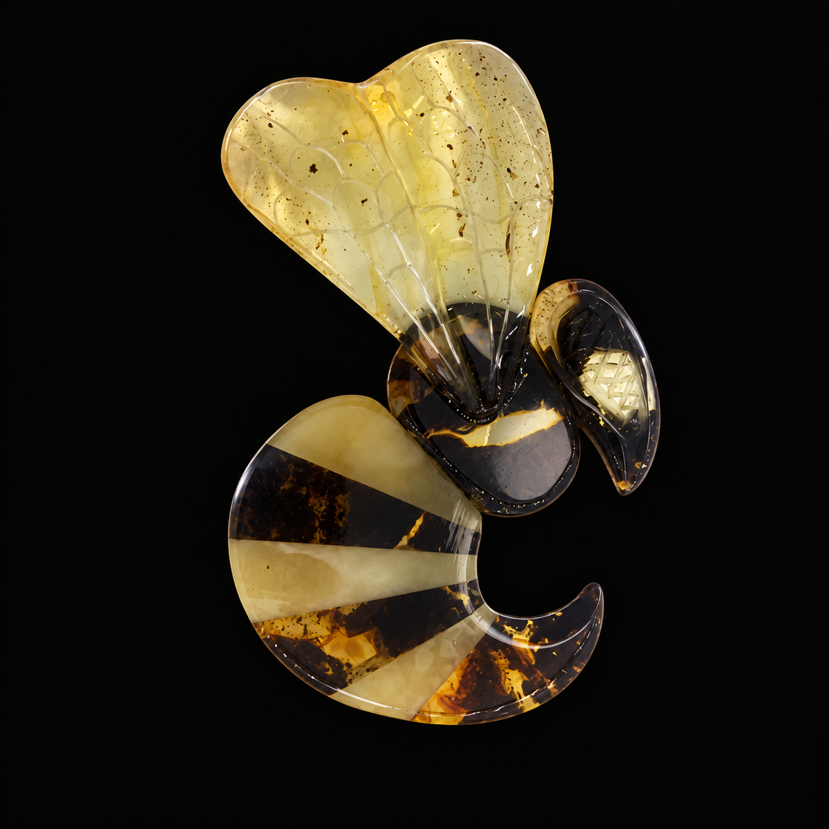 KIZIMA Baltic amber brooch 20S2049q6.83 on black studio background.