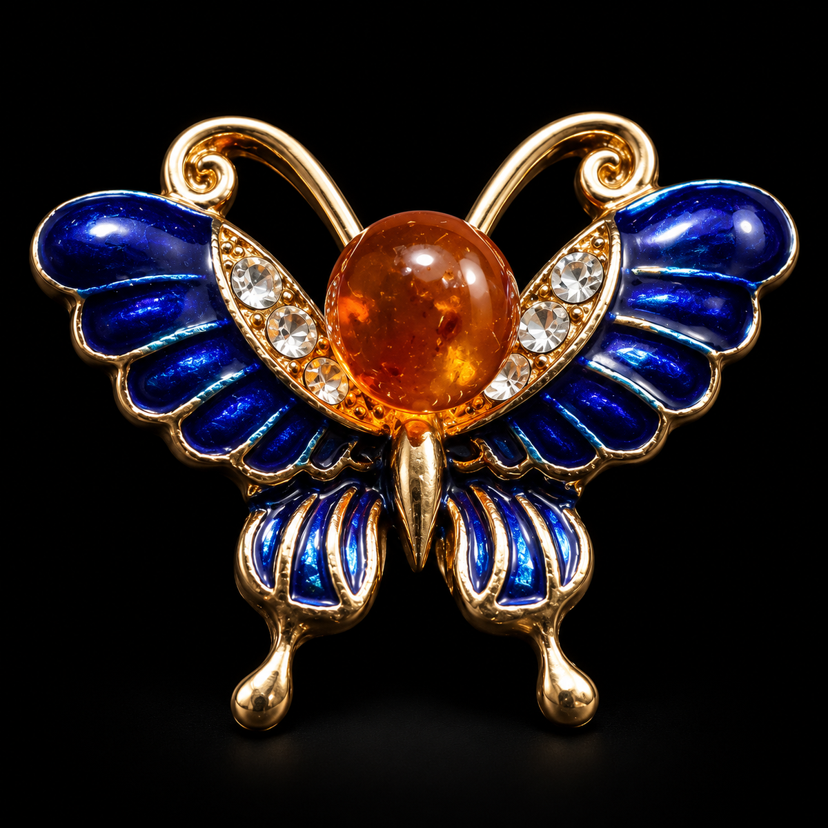 KIZIMA Blue butterfly brooch 20-304Q5-3-3-2 — black studio background