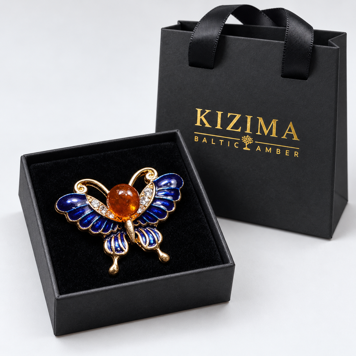 KIZIMA Blue butterfly brooch 20-304Q5-3-3-2 — actual black gift box and KIZIMA bag