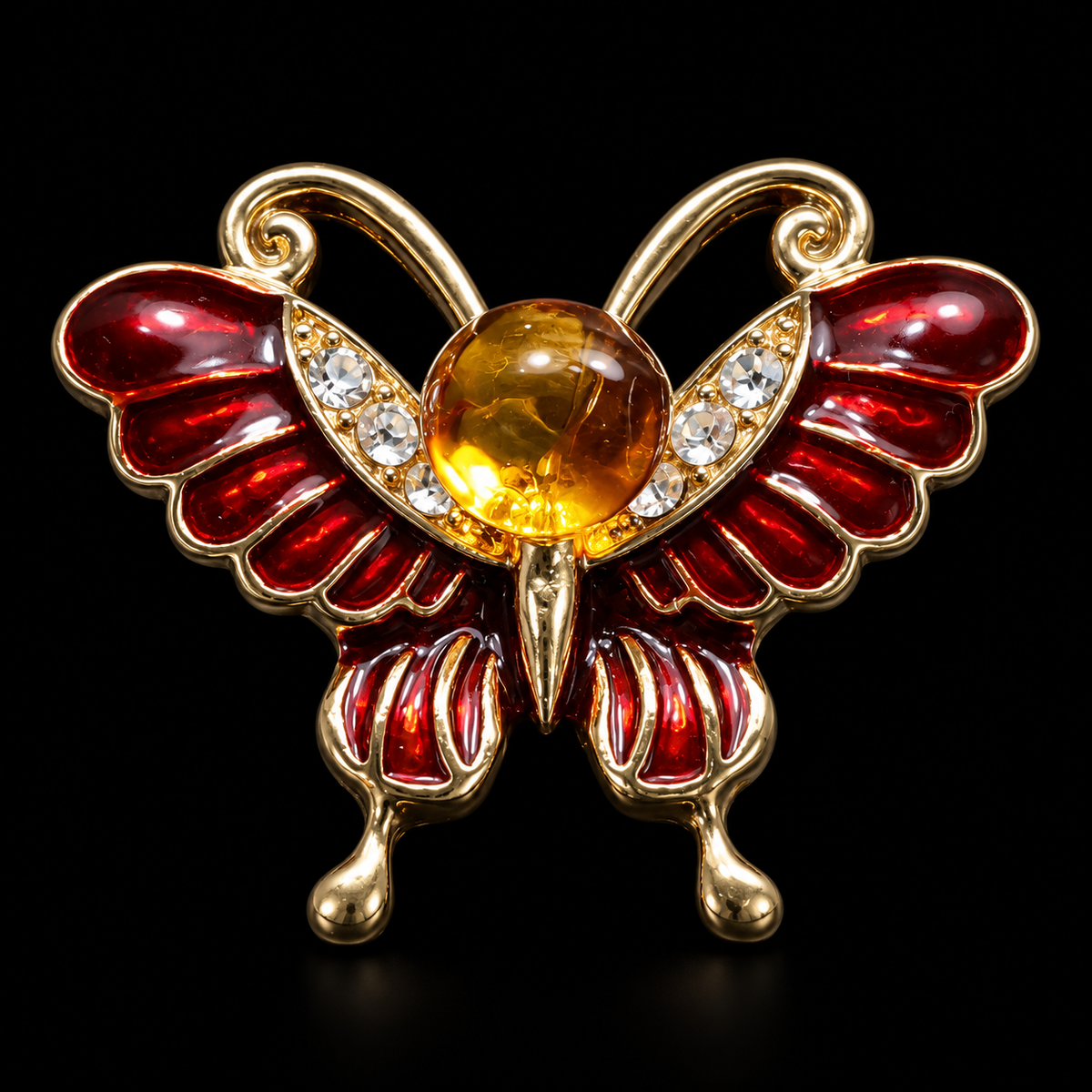 KIZIMA Red butterfly brooch 20-302Q5-3-3-2 — black studio background