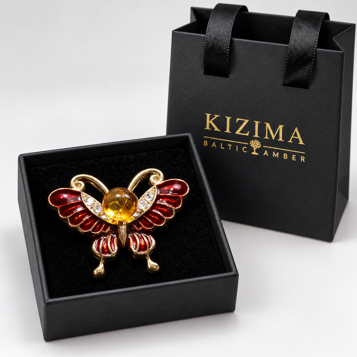 KIZIMA Red butterfly brooch 20-302Q5-3-3-2 — actual black gift box and KIZIMA bag