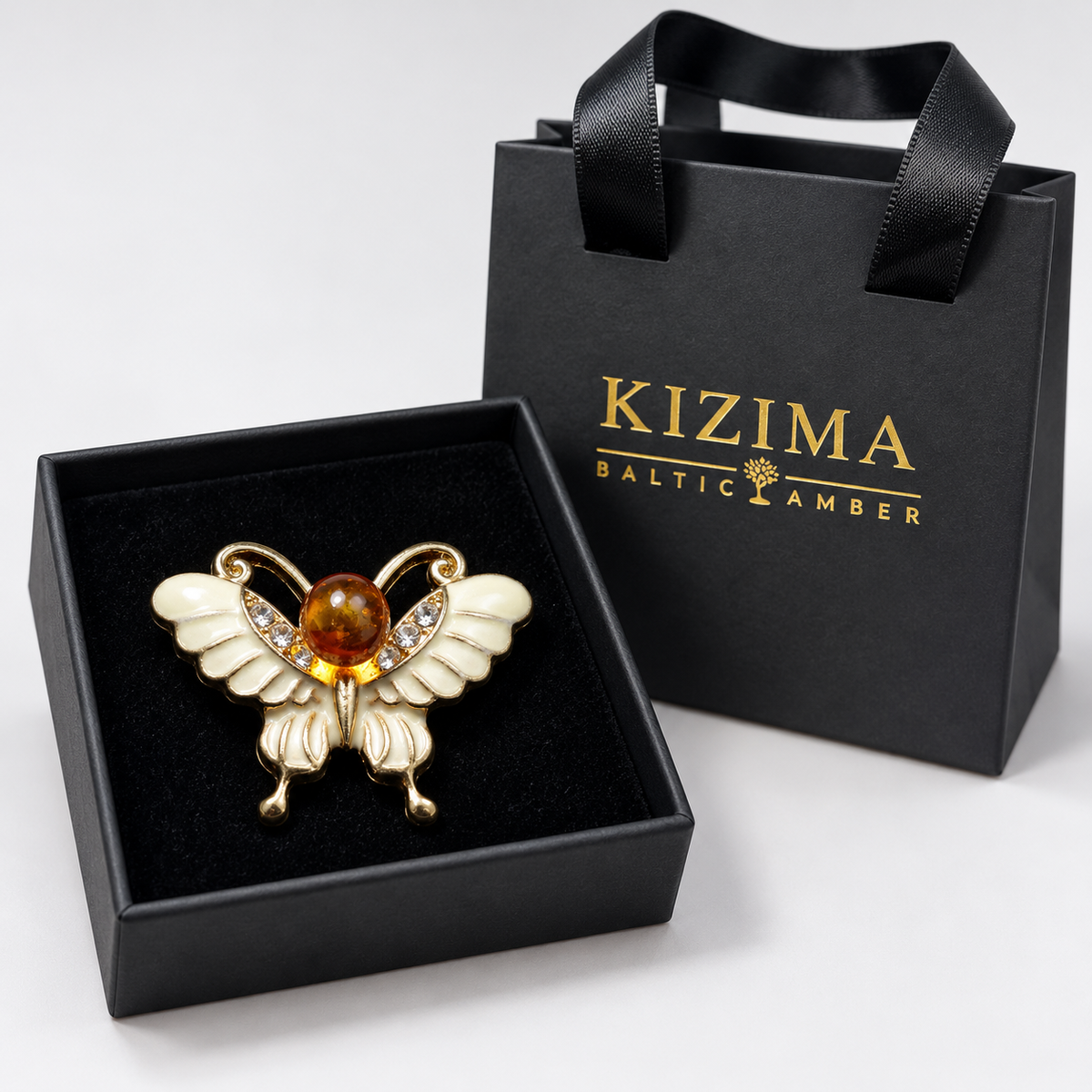 KIZIMA White butterfly brooch 20-303Q5-3-3-2 — actual black gift box and KIZIMA bag
