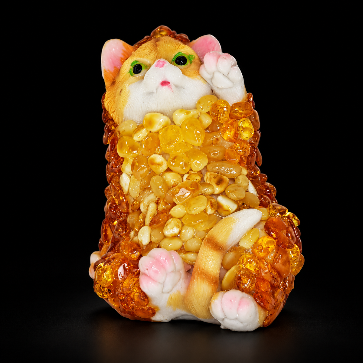 Made in USA Natural Baltic Amber upright cat figurine with lifted paws, amber mosaic kitten, black studio background — KIZIMA®