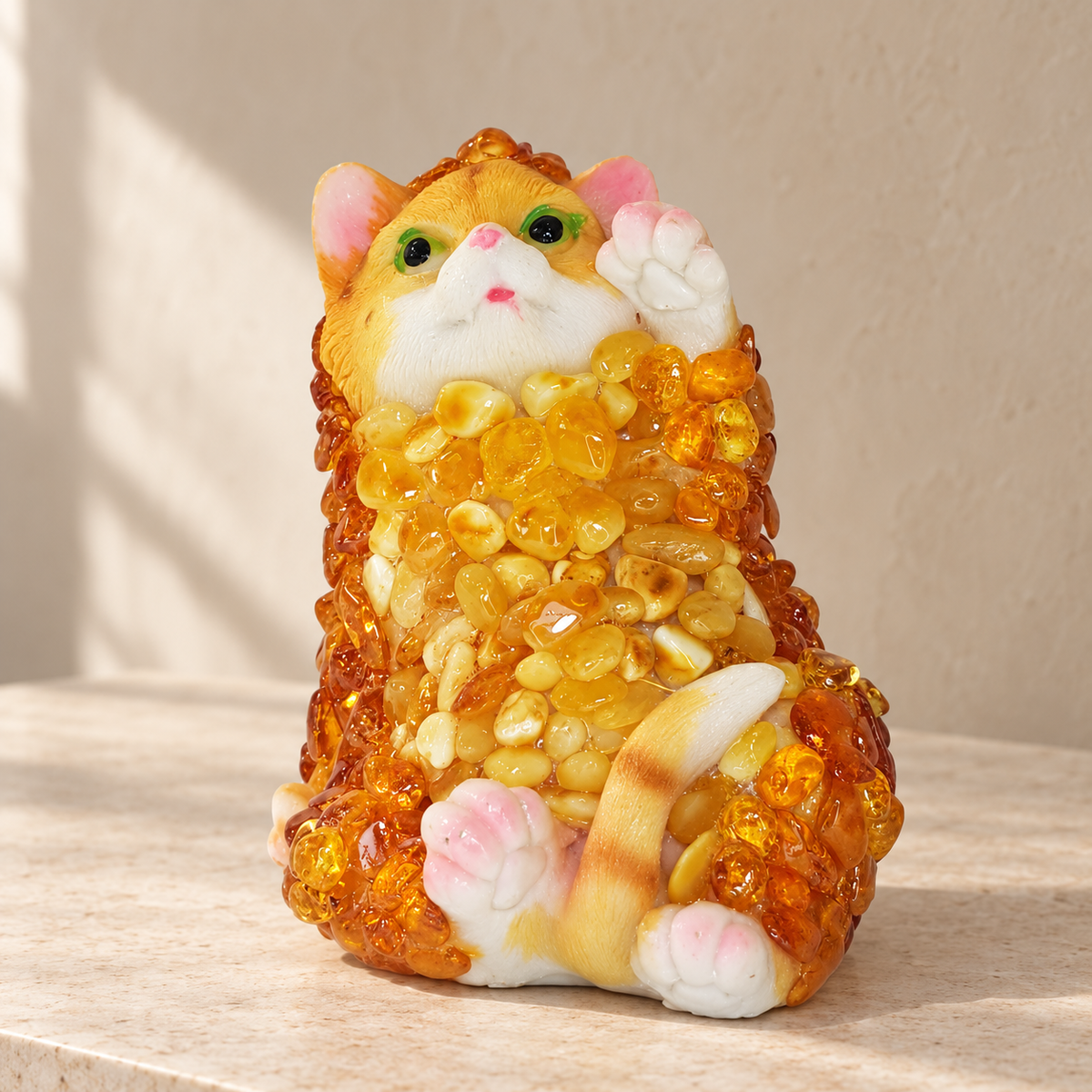 Baltic amber upright cat figurine on a shelf in a softly lit home interior — handmade in Brooklyn by KIZIMA®