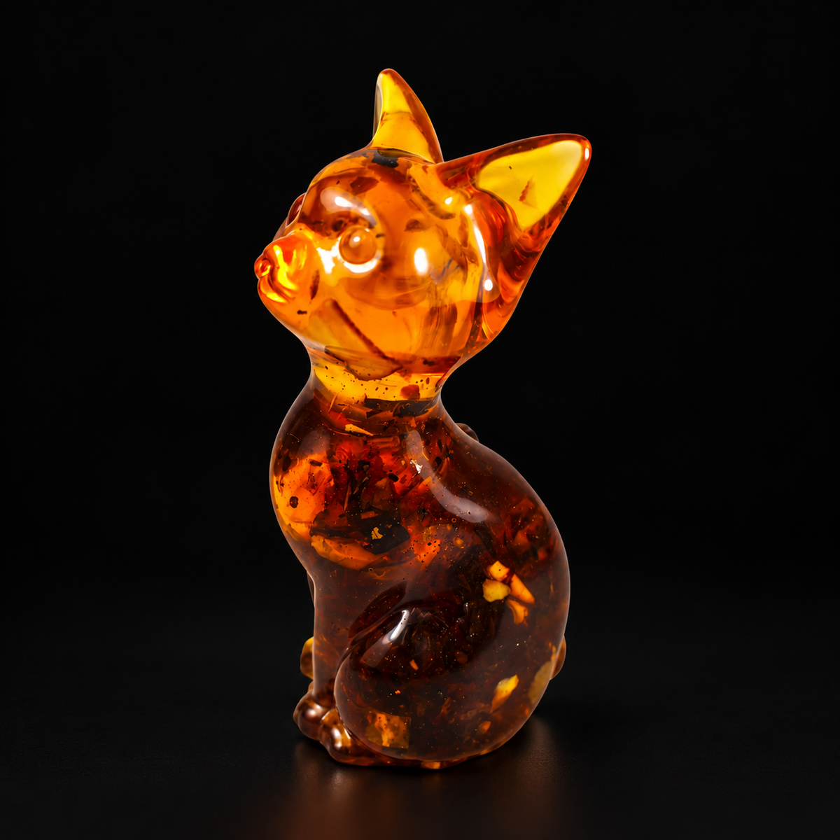 Slender amber cat with a honey-colored head and dark body on a matte black studio background
