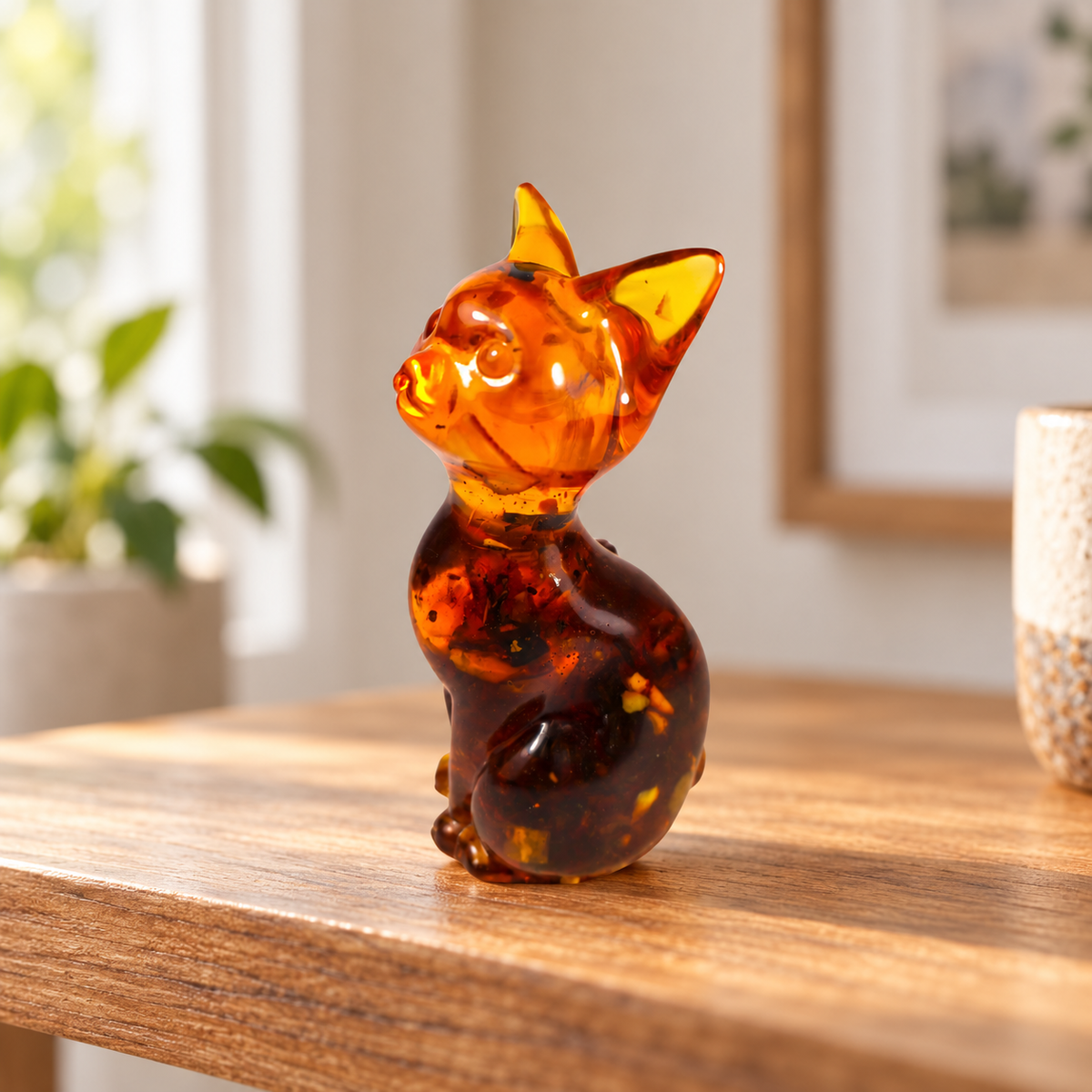 Slender amber cat with a honey-colored head and dark body displayed in a softly lit home interior
