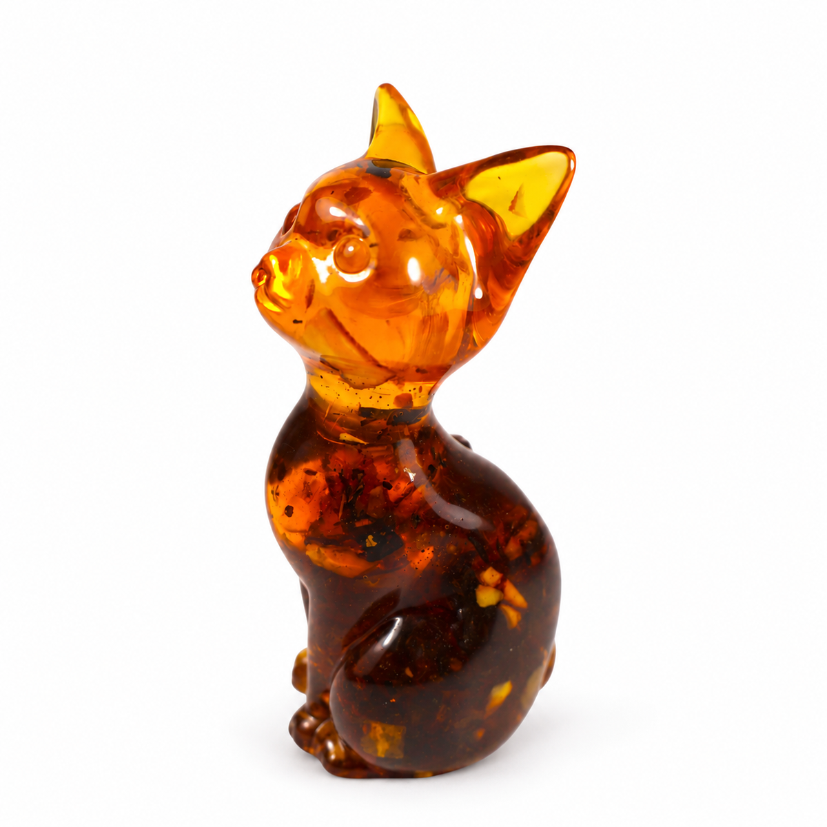 Slender amber cat with a honey-colored head and dark body against a clean white studio background