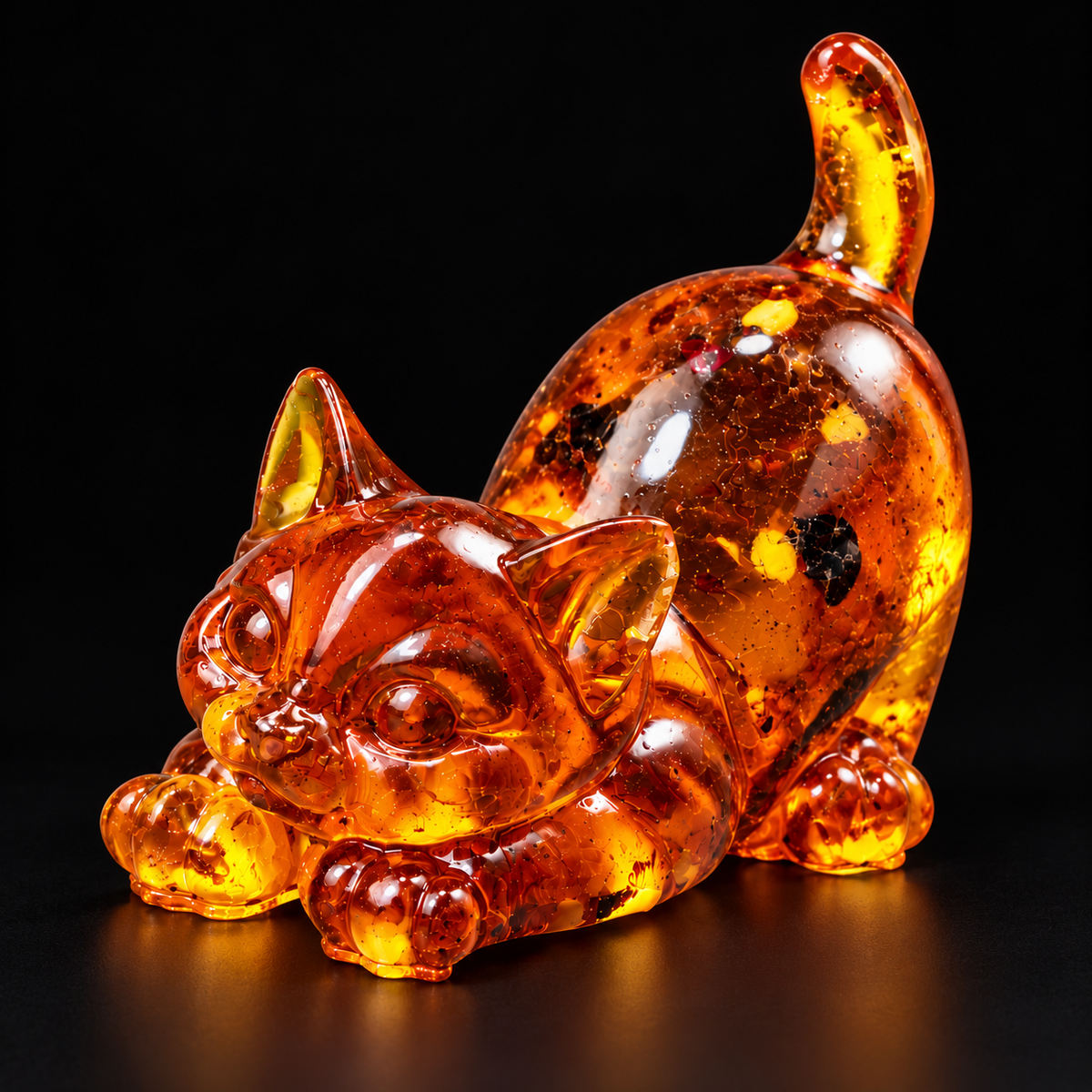 Stretching amber cat with extended paws and an upright tail on a matte black studio background