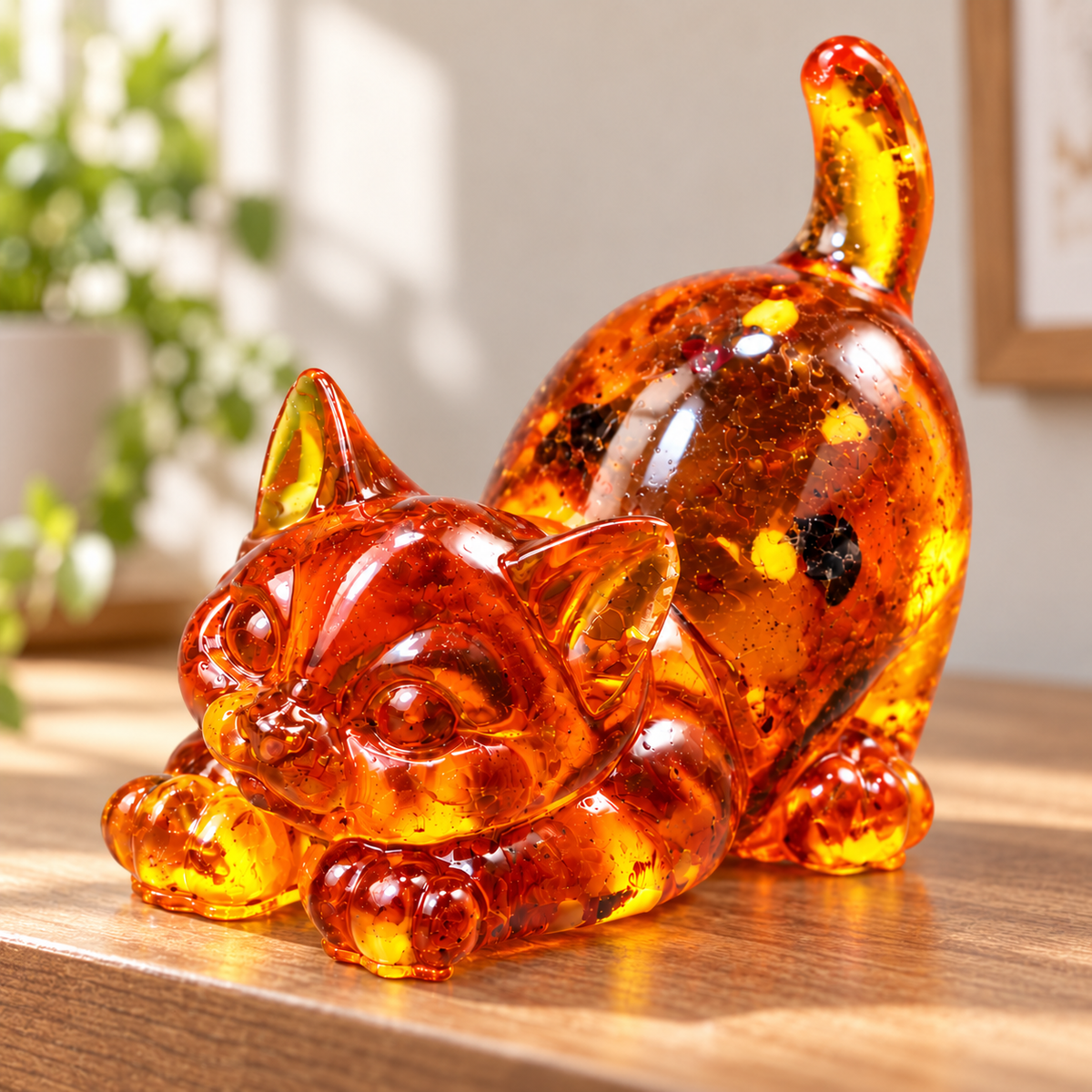Stretching amber cat with extended paws and an upright tail displayed in a softly lit home interior