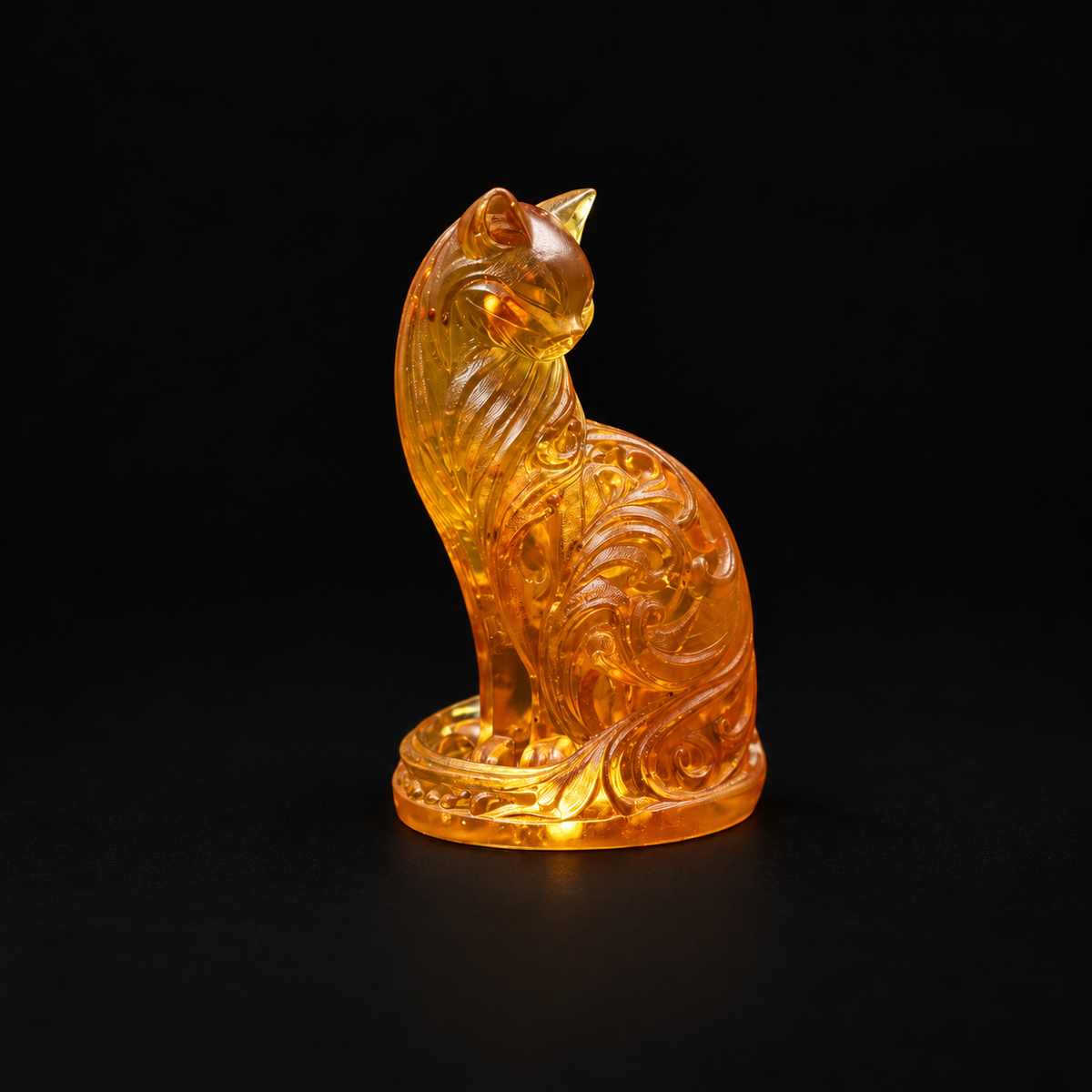 Ornate amber cat with flowing scrollwork on an oval base on a matte black studio background