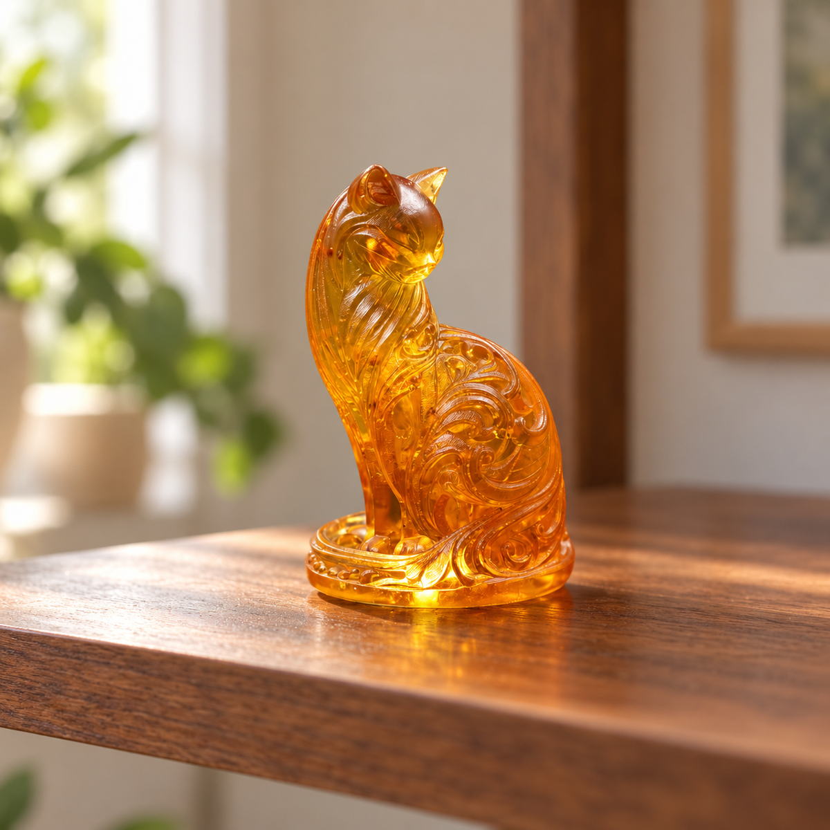 Ornate amber cat with flowing scrollwork on an oval base displayed in a softly lit home interior