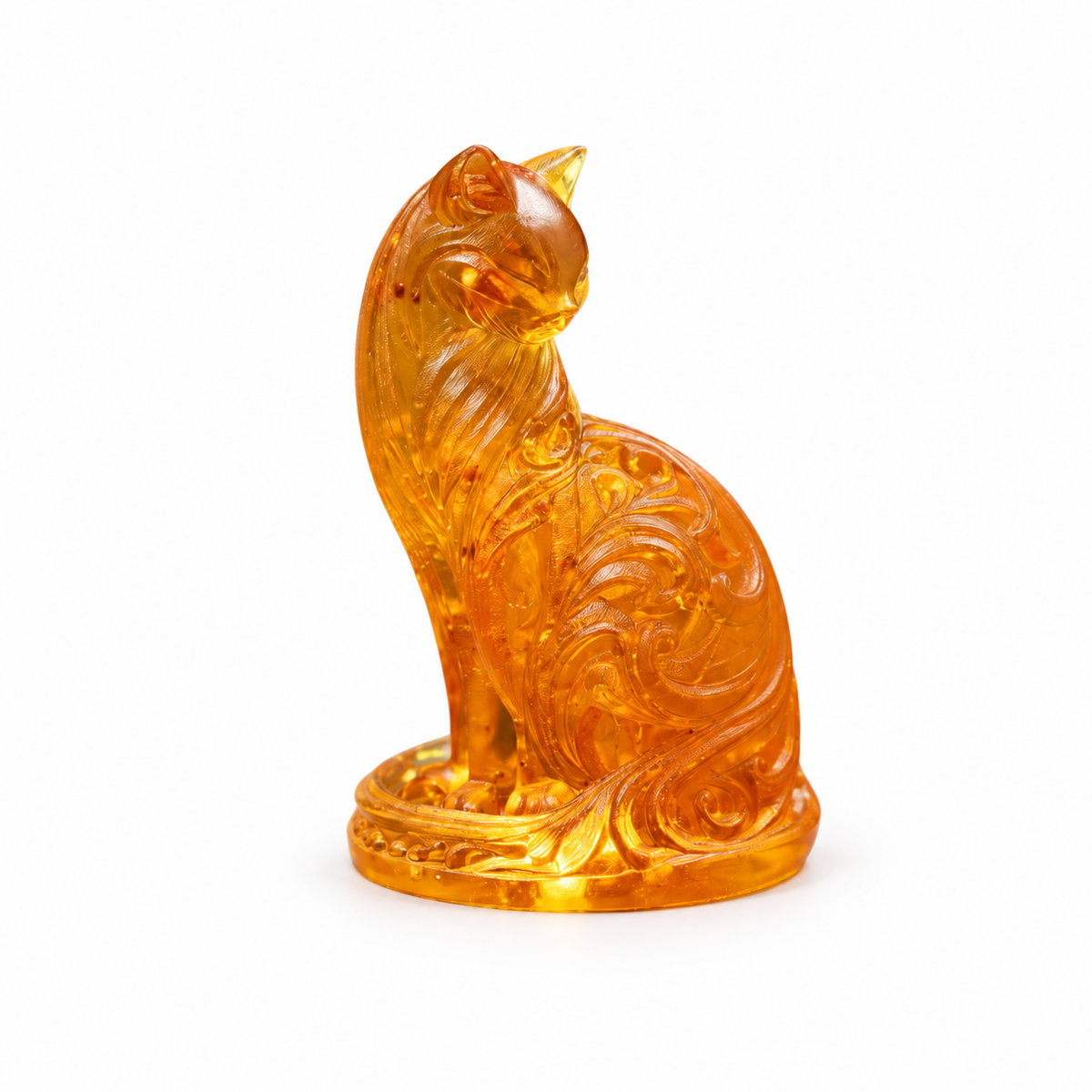 Ornate amber cat with flowing scrollwork on an oval base against a clean white studio background