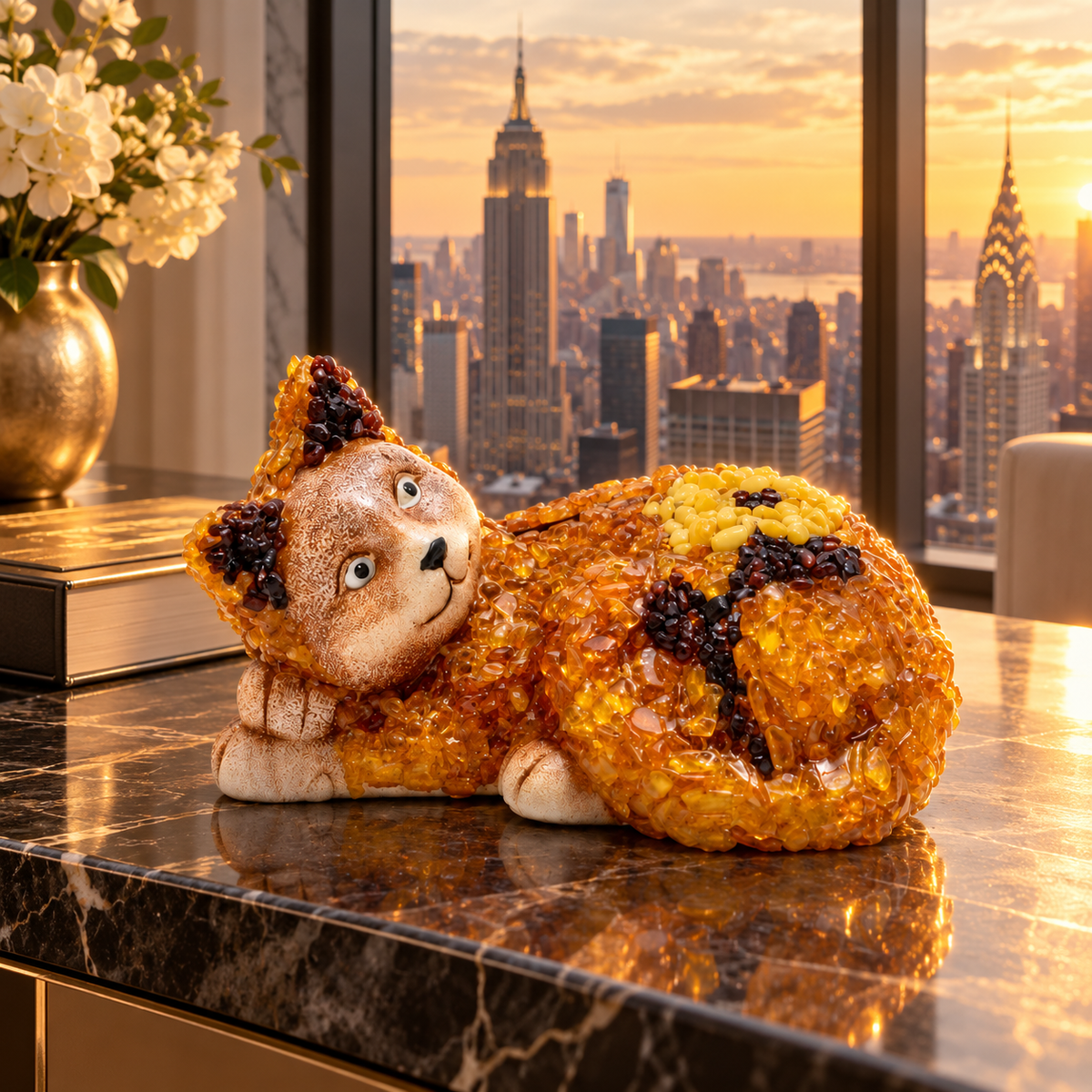 KIZIMA reclining amber-chip cat money box, in a premium Manhattan interior with New York skyline
