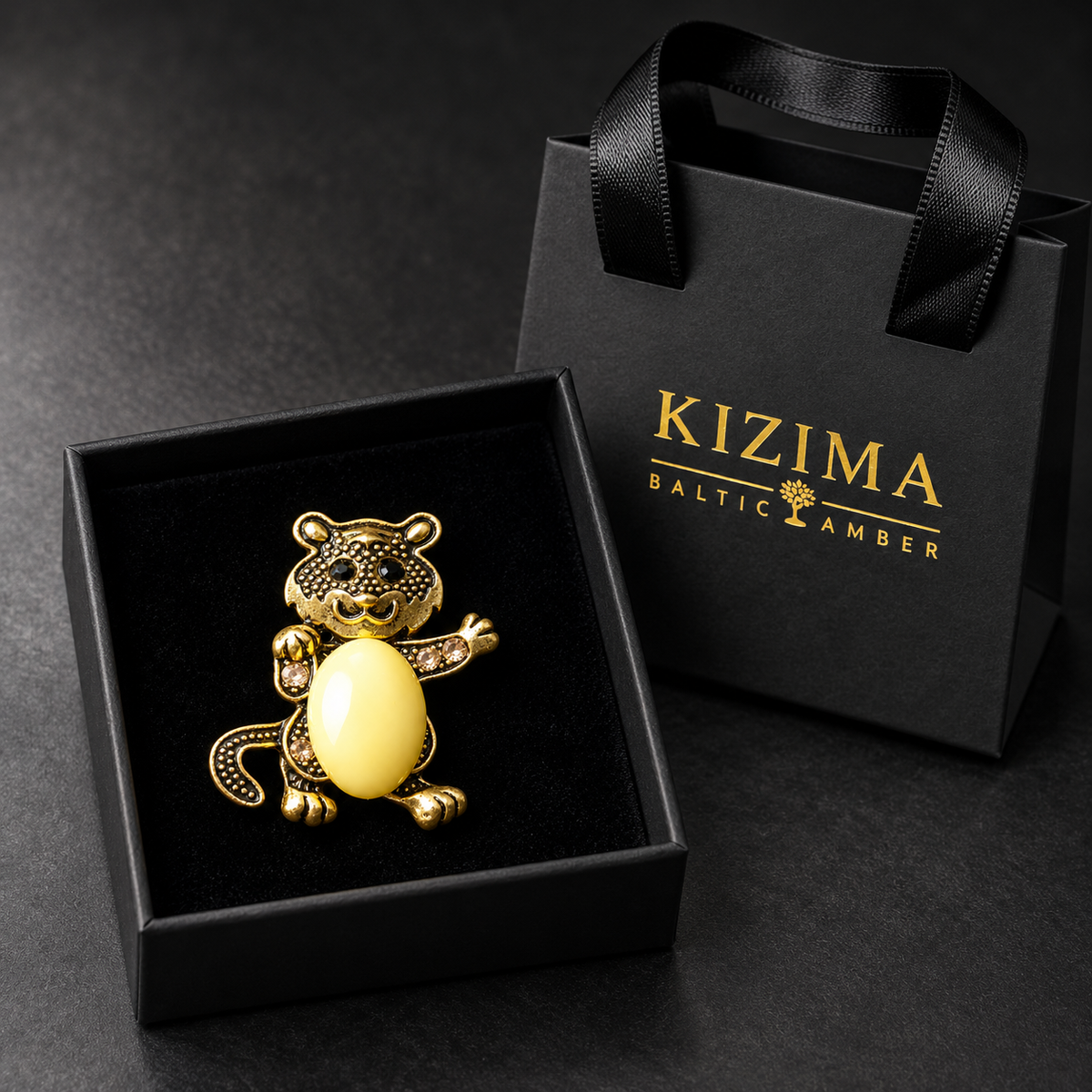 KIZIMA Baltic amber cat brooch 20-210Q6-3-2-1, black gift box and KIZIMA bag