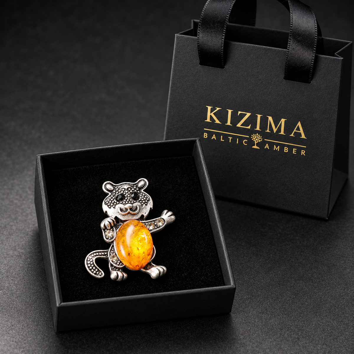 KIZIMA Baltic amber cat brooch 20-211Q6-3-2-1, black gift box and KIZIMA bag