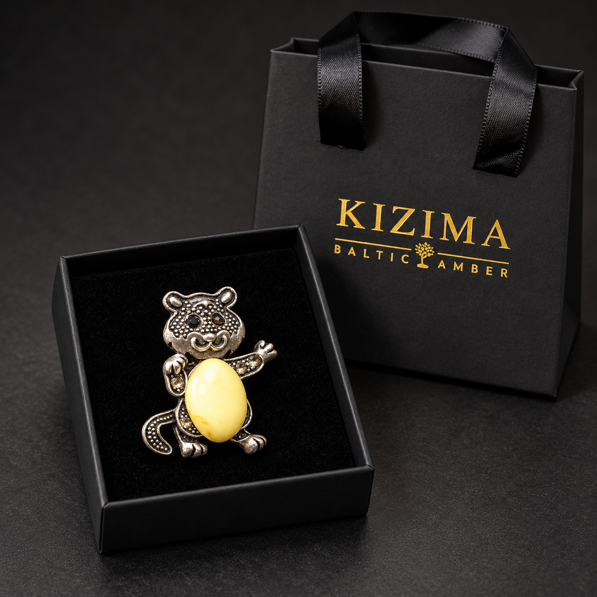 KIZIMA Baltic amber cat brooch 20-212Q6-3-2-1, black gift box and KIZIMA bag