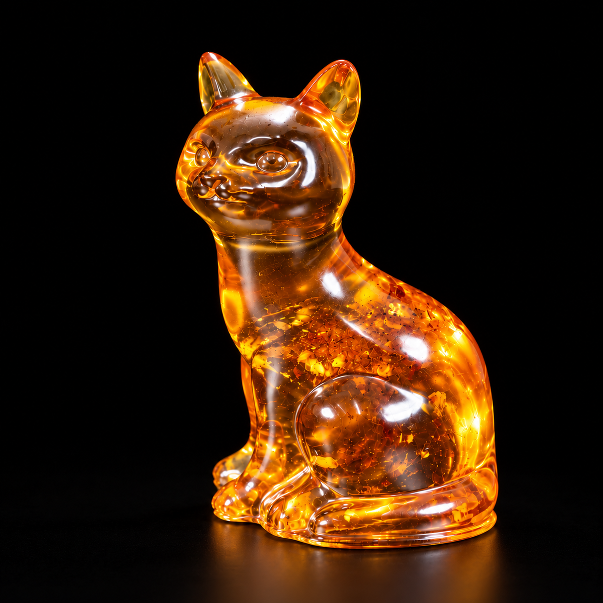 KIZIMA cognac amber sitting cat figurine with wrapped tail on a black studio background