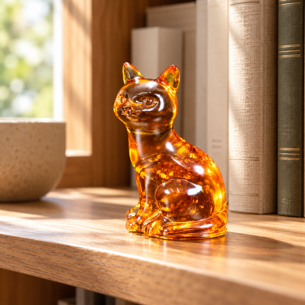 Small KIZIMA cognac amber sitting cat displayed on a wooden shelf beside neutral books
