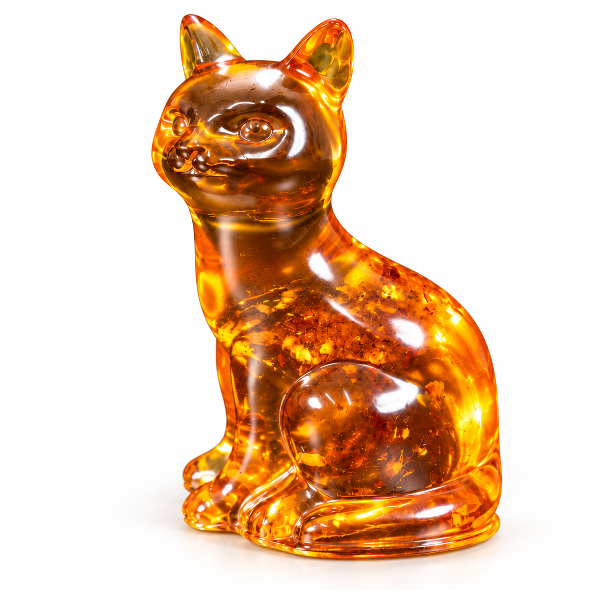 Cognac amber sitting cat by KIZIMA with pointed ears and golden flecks on a white background