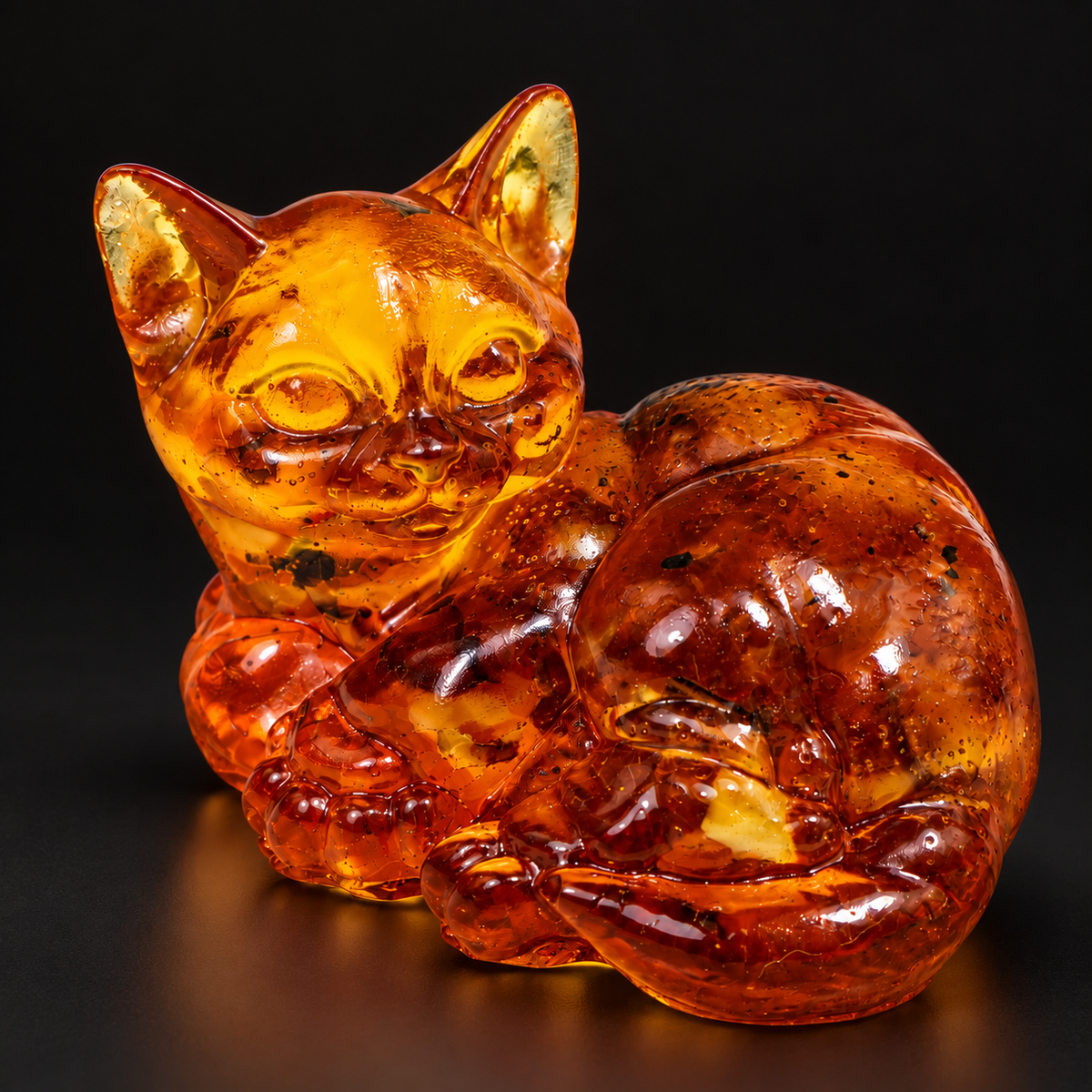 KIZIMA curled amber cat with open eyes and a sweeping tail on black