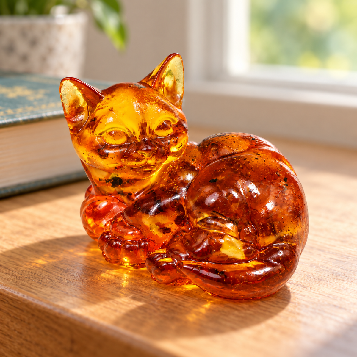 Curled amber cat displayed on a wooden bedside shelf beside a book