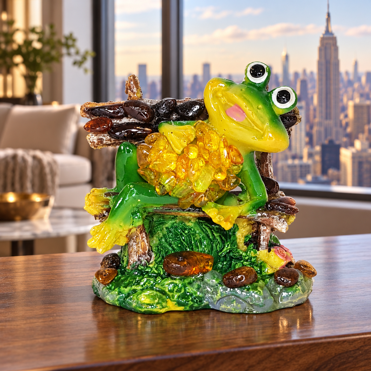 KIZIMA reclining frog figurine 662987478564 displayed in a luxury New York interior with the Empire State Building in view.