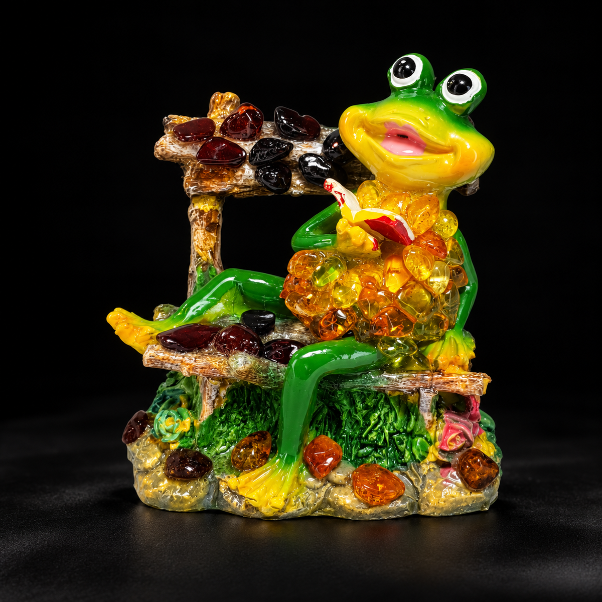 KIZIMA lucky frog figurine 662987478649 on a premium black studio background, showing green and yellow finish and natural Baltic amber stones.