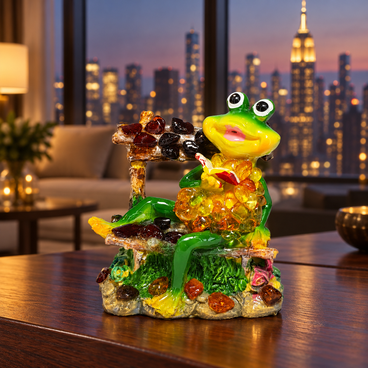 KIZIMA lucky frog figurine 662987478649 on a walnut console in a New York interior with the Empire State Building in the background.