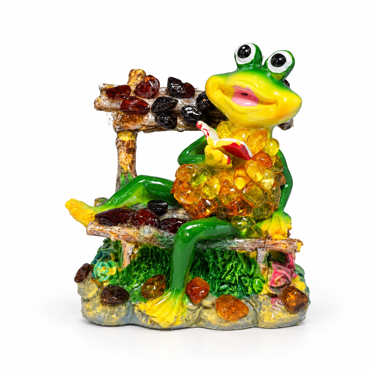 Front view of KIZIMA lucky frog figurine 662987478649 seated on a bench with amber stones against a clean white studio background.