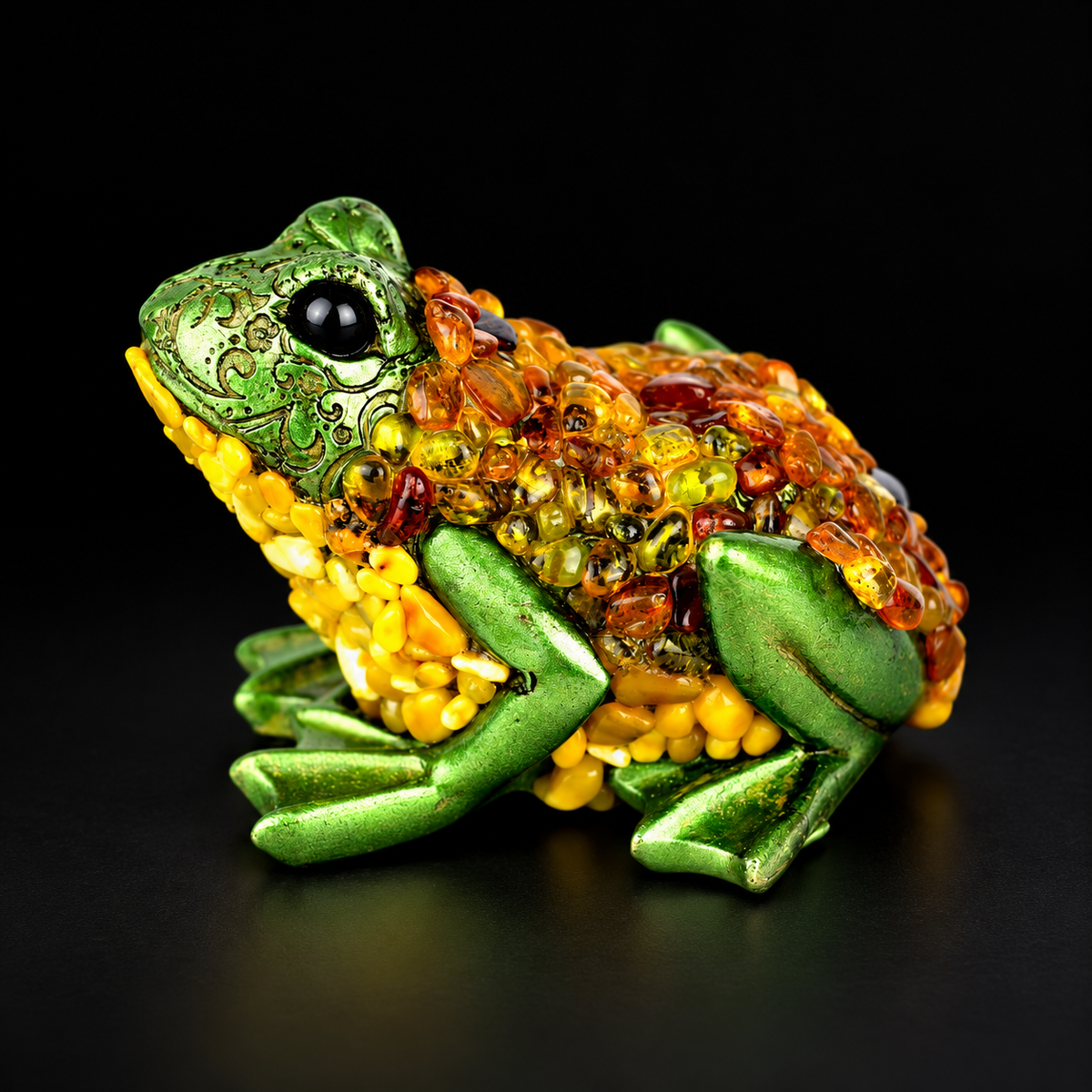 KIZIMA Fortune Frog small S figurine 9-01Q75-3-3-3, green with natural Baltic amber stones, on a premium black studio background.