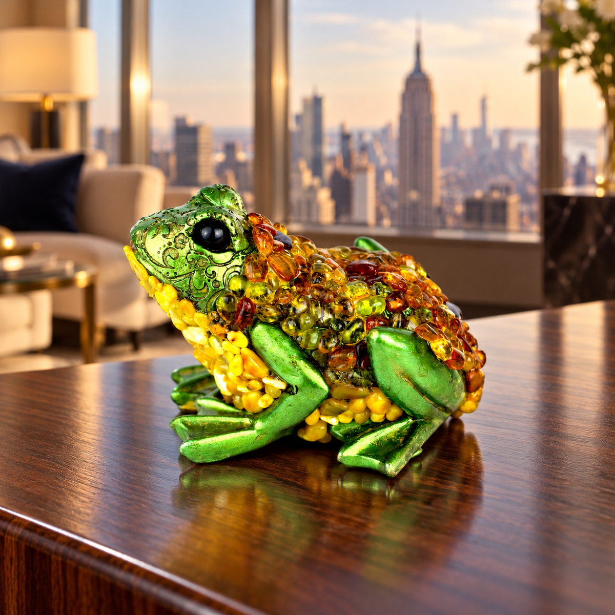 KIZIMA Fortune Frog small S figurine 9-01Q75-3-3-3 on a walnut console in a luxury New York interior with the Empire State Building in view.