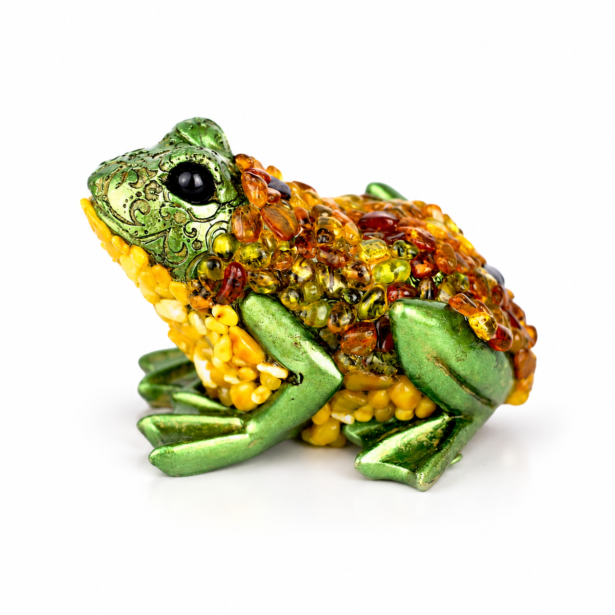 KIZIMA Fortune Frog small S figurine 9-01Q75-3-3-3, showing its original pose, green patterned head and amber stones on a clean white background.