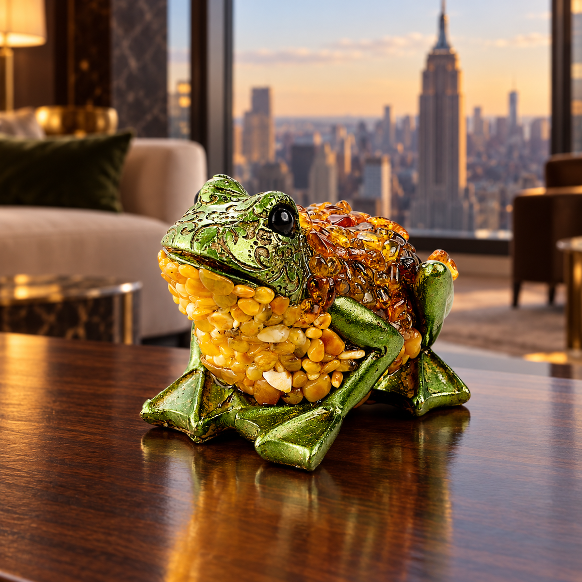 KIZIMA Fortune Frog large L figurine 9-02Q148-4-4-3 on a walnut console in a luxury New York interior with the Empire State Building in view.