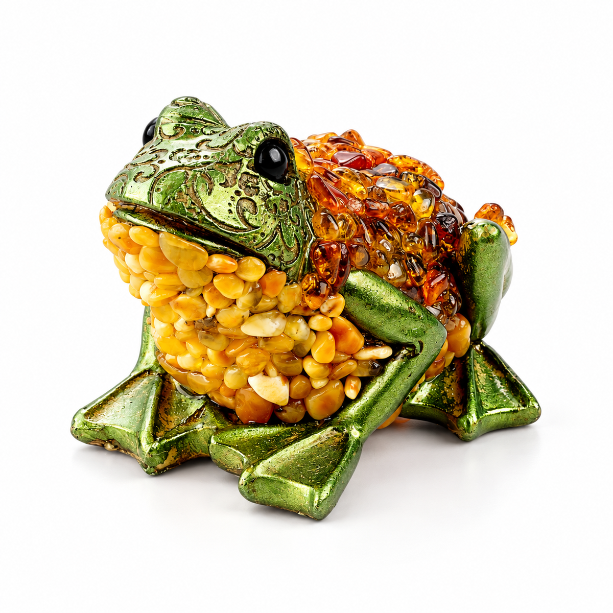 KIZIMA Fortune Frog large L figurine 9-02Q148-4-4-3, showing its original pose, green patterned head and amber stones on a clean white background.