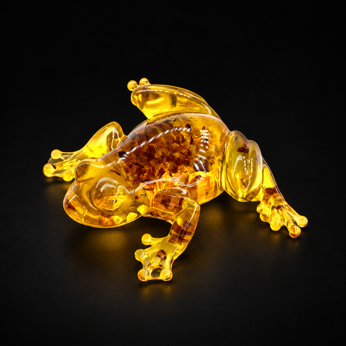 KIZIMA Baltic amber money frog figurine 9K0001q135 with translucent golden body and natural inclusions on a premium black studio background.