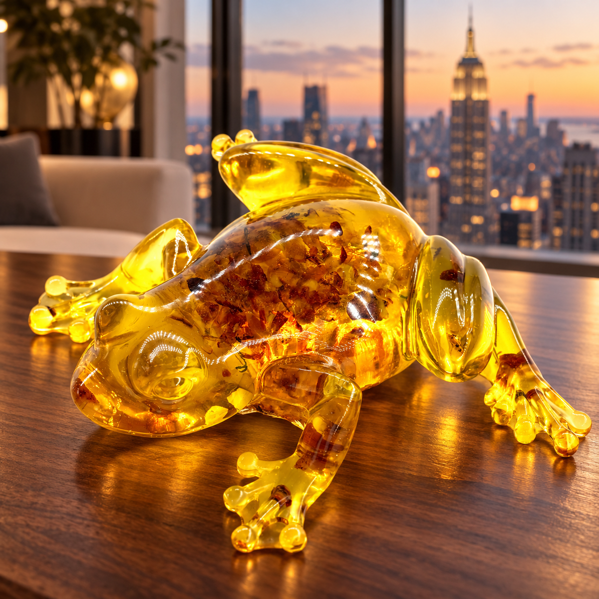 KIZIMA golden amber money frog figurine 9K0001q135 on a walnut console in a New York interior with the Empire State Building visible.