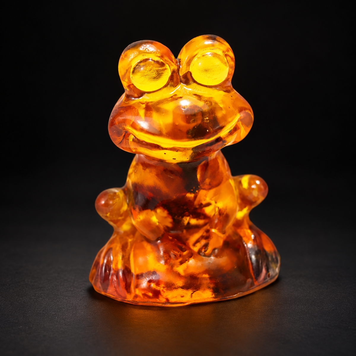 KIZIMA tiny frog figurine 9K0001q38 in translucent honey amber with natural dark inclusions, photographed on a premium black studio background.